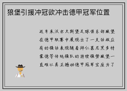 狼堡引援冲冠欲冲击德甲冠军位置